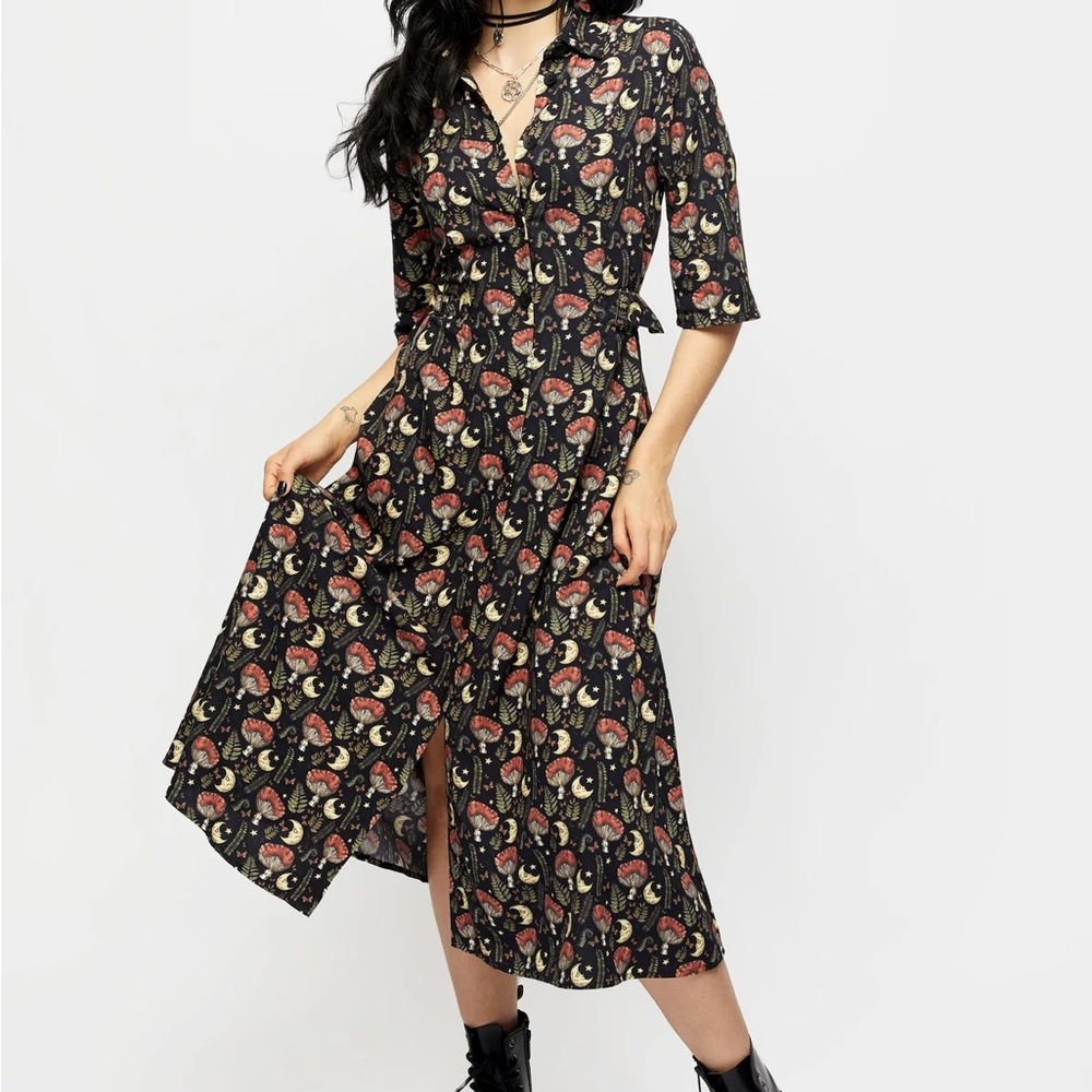 Dreamfast Mushroom Moon Print Midi Shirt Dress